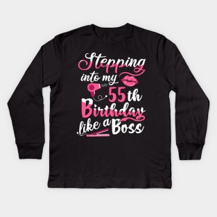 Stepping into My 55th Birthday like a Boss Gift Kids Long Sleeve T-Shirt